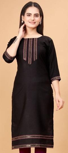 Casual Black and Grey color Kurti in Cotton fabric with Elbow Sleeve, Straight Patch work : 1946580