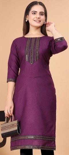Casual Purple and Violet color Kurti in Cotton fabric with Elbow Sleeve, Straight Patch work : 1946581