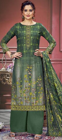 Festive, Party Wear Green color Salwar Kameez in Muslin fabric with Palazzo, Straight Digital Print, Stone, Swarovski work : 1946584