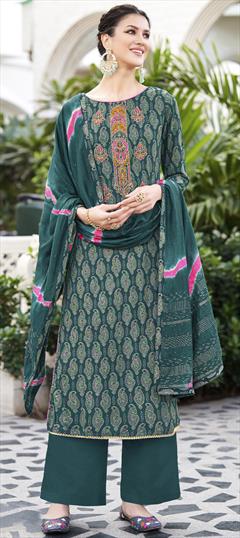 Festive, Party Wear, Reception Green color Salwar Kameez in Rayon fabric with Palazzo, Straight Embroidered, Printed work : 1946585