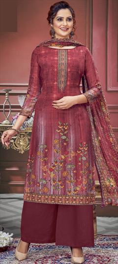 Festive, Party Wear Red and Maroon color Salwar Kameez in Muslin fabric with Palazzo, Straight Digital Print, Stone, Swarovski work : 1946586