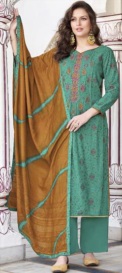 Festive, Party Wear, Reception Green color Salwar Kameez in Rayon fabric with Palazzo, Straight Embroidered, Printed work : 1946587