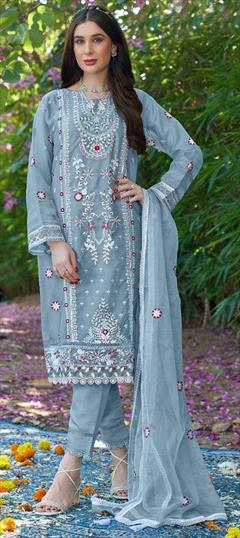 Festive, Party Wear Black and Grey color Salwar Kameez in Organza Silk fabric with Pakistani, Straight Embroidered, Sequence work : 1946599