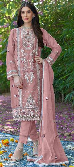 Festive, Party Wear Pink and Majenta color Salwar Kameez in Organza Silk fabric with Pakistani, Straight Embroidered, Sequence work : 1946601