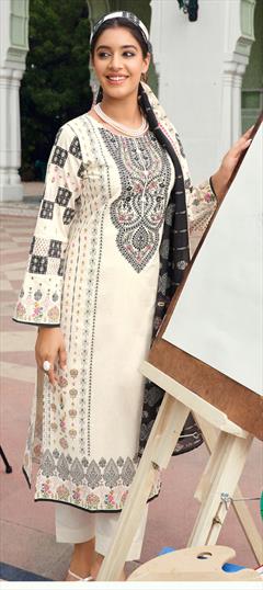 Festive, Reception White and Off White color Salwar Kameez in Lawn fabric with Pakistani, Straight Digital Print, Embroidered work : 1946606
