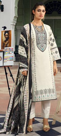Festive, Reception White and Off White color Salwar Kameez in Lawn fabric with Pakistani, Straight Digital Print, Embroidered work : 1946608