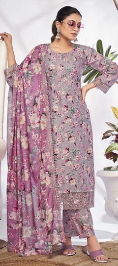 Festive, Party Wear, Reception Purple and Violet color Salwar Kameez in Cotton fabric with Pakistani, Straight Digital Print, Embroidered, Floral, Lace work : 1946610