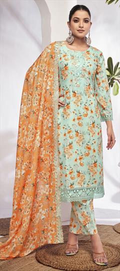 Festive, Party Wear, Reception Green color Salwar Kameez in Cotton fabric with Pakistani, Straight Digital Print, Embroidered, Floral, Lace work : 1946611