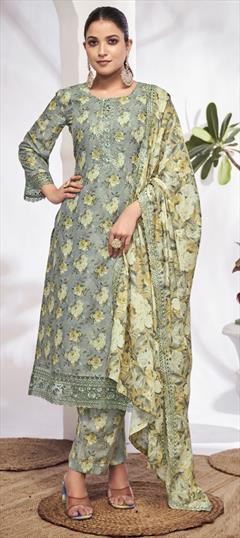 Festive, Party Wear, Reception Black and Grey color Salwar Kameez in Cotton fabric with Pakistani, Straight Digital Print, Embroidered, Floral, Lace work : 1946613