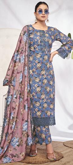 Festive, Party Wear, Reception Blue color Salwar Kameez in Cotton fabric with Pakistani, Straight Digital Print, Embroidered, Floral, Lace work : 1946614