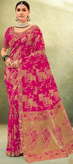 Festive, Traditional, Wedding Pink and Majenta color Saree in Silk fabric with South Embroidered, Thread, Weaving, Zari work : 1946619