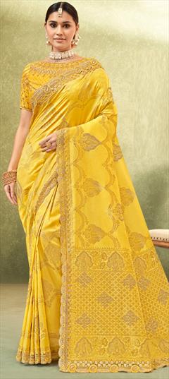 Festive, Traditional, Wedding Yellow color Saree in Silk fabric with South Embroidered, Thread, Weaving, Zari work : 1946621