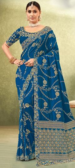 Festive, Traditional, Wedding Blue color Saree in Silk fabric with South Embroidered, Thread, Weaving, Zari work : 1946625