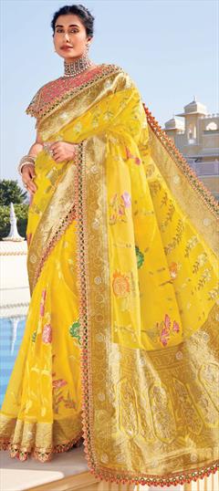 Festive, Reception, Traditional Yellow color Saree in Organza Silk fabric with Classic Border, Bugle Beads, Embroidered work : 1946628