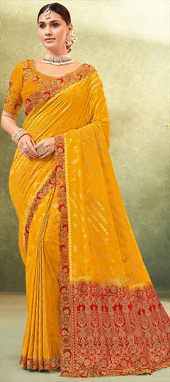 Festive, Traditional, Wedding Yellow color Saree in Silk fabric with South Embroidered, Thread, Weaving, Zari work : 1946629