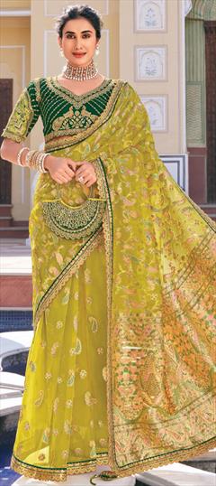 Festive, Reception, Traditional Green color Saree in Organza Silk fabric with Classic Border, Bugle Beads, Embroidered, Weaving work : 1946632