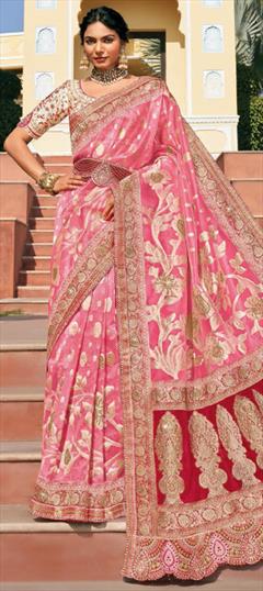 Festive, Reception, Traditional Pink and Majenta color Saree in Organza Silk fabric with Classic Border, Bugle Beads, Embroidered, Weaving work : 1946634