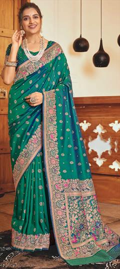 Reception, Traditional, Wedding Green color Saree in Silk fabric with South Weaving, Zari work : 1946637