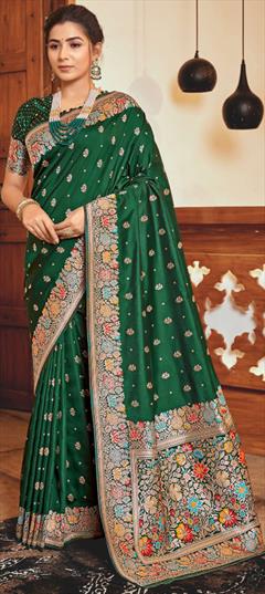 Reception, Traditional, Wedding Green color Saree in Silk fabric with South Weaving, Zari work : 1946653