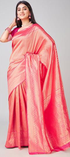 Party Wear, Traditional Pink and Majenta color Saree in Blended fabric with Bengali Weaving work : 1946715