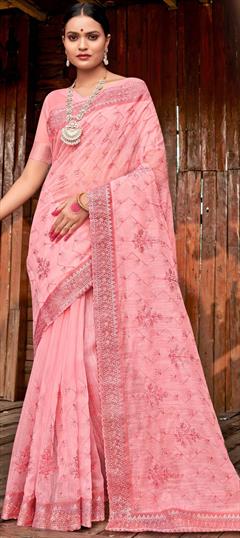 Party Wear, Traditional Pink and Majenta color Saree in Linen fabric with Bengali Border, Embroidered, Sequence, Thread work : 1946740
