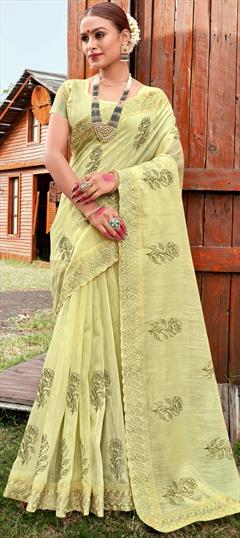 Party Wear, Traditional Beige and Brown color Saree in Linen fabric with Bengali Border, Embroidered, Floral, Printed, Thread work : 1946741