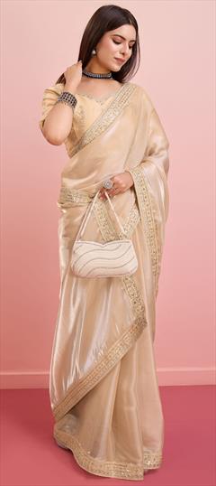 Party Wear, Traditional Beige and Brown color Saree in Organza Silk fabric with Classic Embroidered work : 1946759