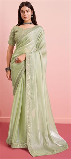 Party Wear, Traditional Green color Saree in Organza Silk fabric with Classic Embroidered work : 1946762