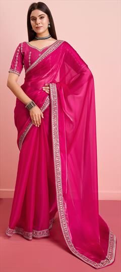 Party Wear, Traditional Red and Maroon color Saree in Organza Silk fabric with Classic Embroidered work : 1946765