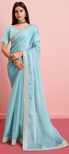 Party Wear, Traditional Blue color Saree in Organza Silk fabric with Classic Embroidered work : 1946767