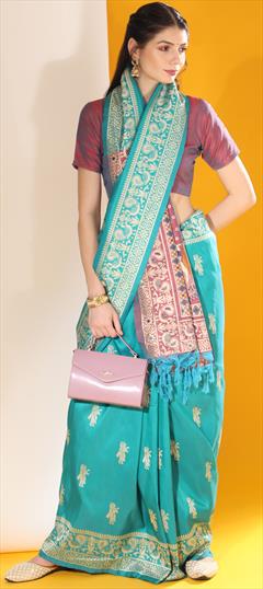 Party Wear, Traditional Blue color Saree in Raw Silk fabric with South Weaving work : 1946772