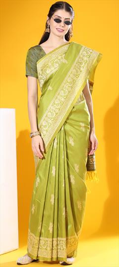 Party Wear, Traditional Green color Saree in Raw Silk fabric with South Weaving work : 1946773