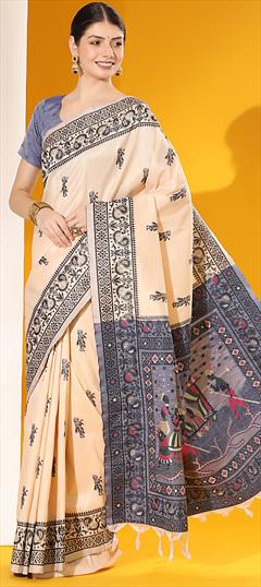 Party Wear, Traditional White and Off White color Saree in Raw Silk fabric with South Weaving work : 1946775