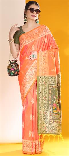 Party Wear, Traditional Orange color Saree in Raw Silk fabric with South Weaving work : 1946780