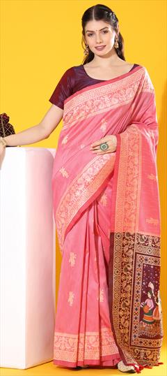 Party Wear, Traditional Pink and Majenta color Saree in Raw Silk fabric with South Weaving work : 1946783