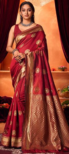 Casual, Traditional Red and Maroon color Saree in Blended fabric with Bengali Weaving, Zari work : 1946803