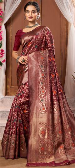 Casual, Traditional Red and Maroon color Saree in Blended fabric with Bengali Weaving, Zari work : 1946806