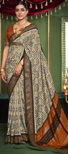 Casual, Traditional Beige and Brown color Saree in Tussar Silk fabric with South Printed work : 1946820