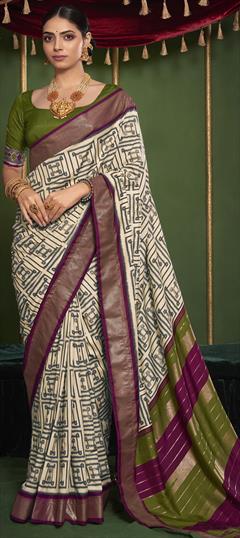Casual, Traditional Beige and Brown color Saree in Tussar Silk fabric with South Printed work : 1946821