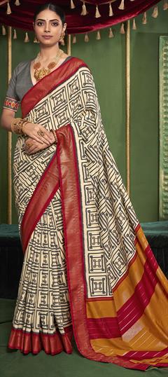Casual, Traditional Beige and Brown color Saree in Tussar Silk fabric with South Printed work : 1946823