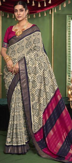 Casual, Traditional Beige and Brown color Saree in Tussar Silk fabric with South Printed work : 1946824
