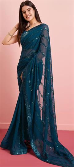 Festive, Reception Blue color Saree in Georgette fabric with Classic Embroidered, Sequence, Thread work : 1946833