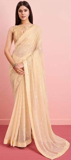 Festive, Reception Beige and Brown color Saree in Georgette fabric with Classic Embroidered, Sequence, Thread work : 1946835