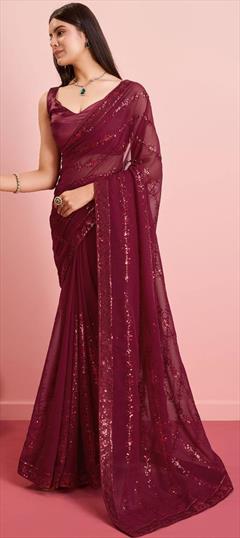 Festive, Reception Red and Maroon color Saree in Georgette fabric with Classic Embroidered, Sequence, Thread work : 1946837