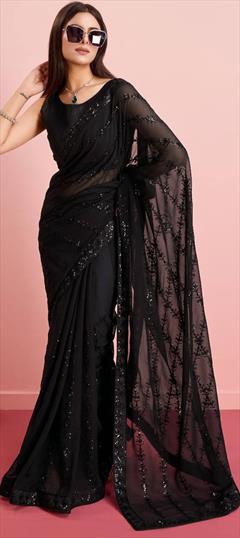 Festive, Reception Black and Grey color Saree in Georgette fabric with Classic Embroidered, Sequence, Thread work : 1946838