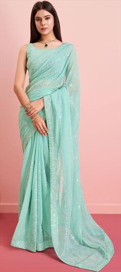 Festive, Reception Green color Saree in Georgette fabric with Classic Embroidered, Sequence, Thread work : 1946839