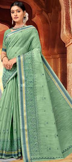 Festive, Traditional Green color Saree in Linen fabric with Bengali Printed work : 1946845