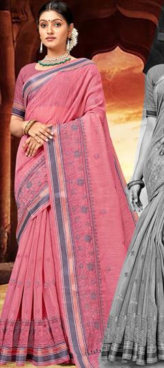 Festive, Traditional Pink and Majenta color Saree in Linen fabric with Bengali Printed work : 1946846