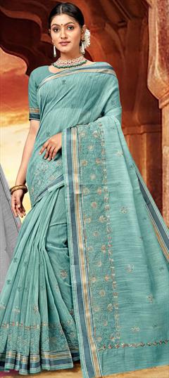Festive, Traditional Blue color Saree in Linen fabric with Bengali Printed work : 1946847