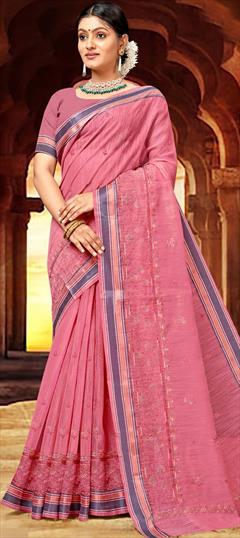 Festive, Traditional Pink and Majenta color Saree in Linen fabric with Bengali Printed work : 1946849